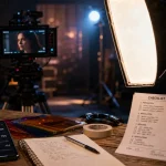 Éclairage led pour tournage vidéo : panneau LED et projecteur COB sur plateau