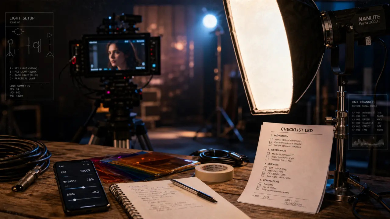 Éclairage led pour tournage vidéo : panneau LED et projecteur COB sur plateau