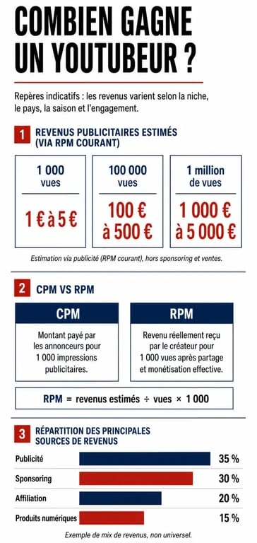 Combien gagne un youtubeur : revenus estimés selon les vues, le CPM, le RPM et les sources de monétisation