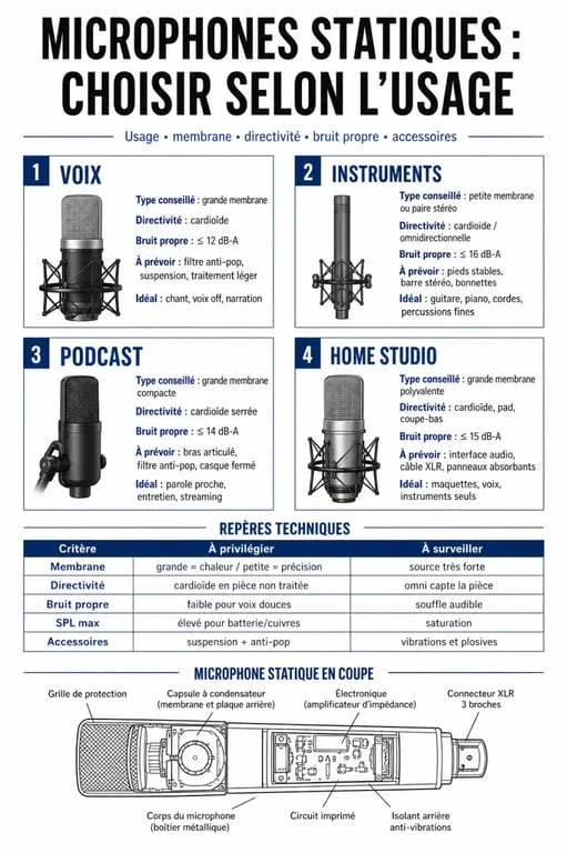 Comparatif de microphones statiques selon l’usage, la membrane et la directivité