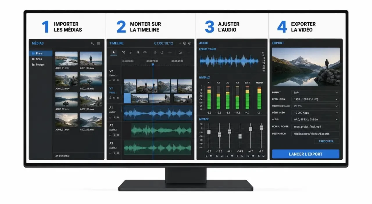 Tutoriel DaVinci Resolve : workflow de montage pas à pas avec import, timeline, audio et export