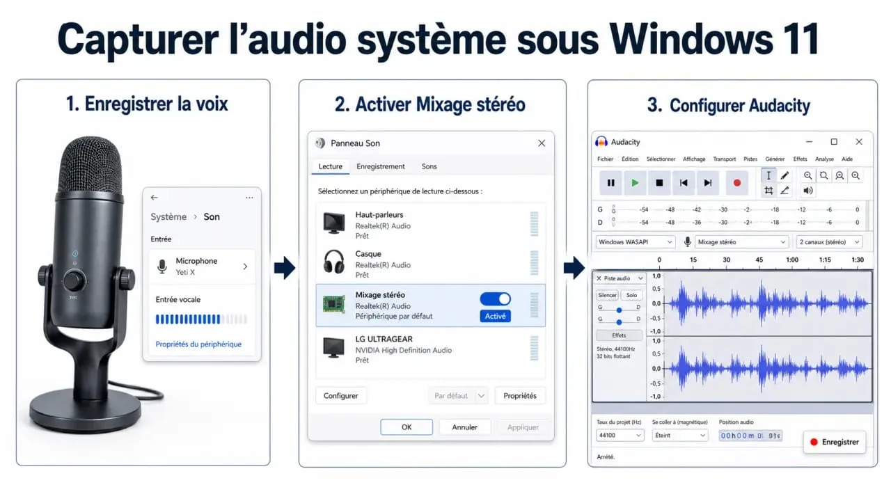 Enregistrer le son de son pc windows 11 avec microphone, Mixage stéréo et Audacity sur Windows 11