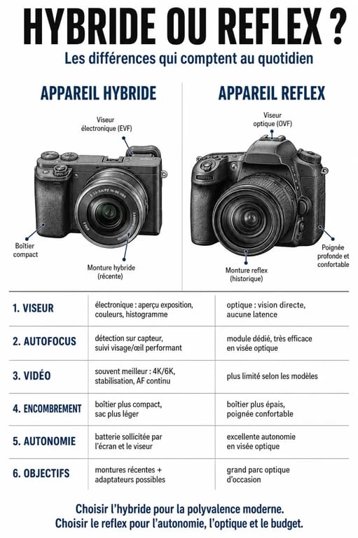 Infographie comparative sur appareil photo hybride ou reflex