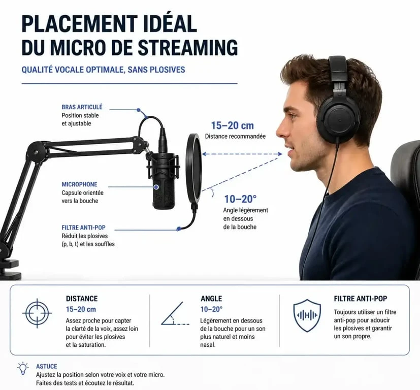 Schéma placement idéal micro de streaming et accessoires