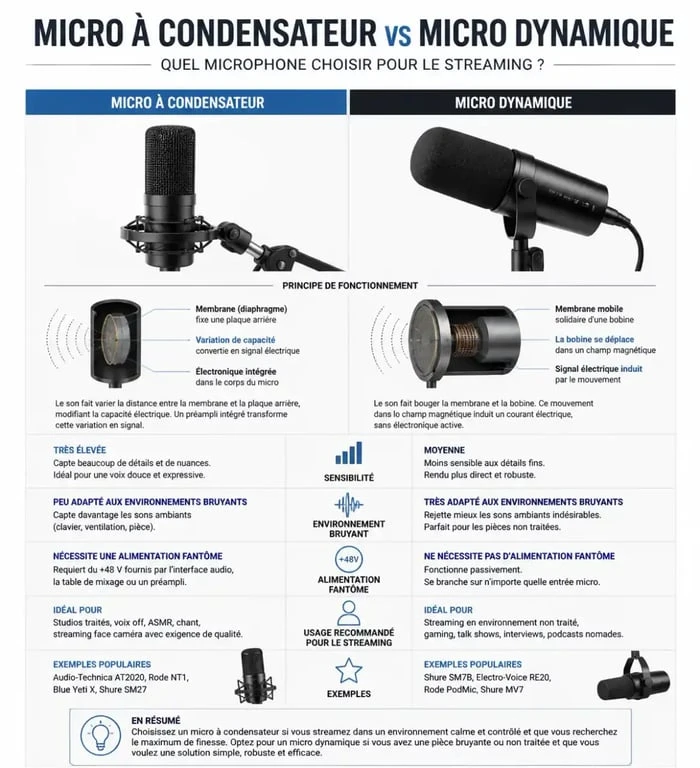 Comparatif technique micro de streaming condensateur vs dynamique