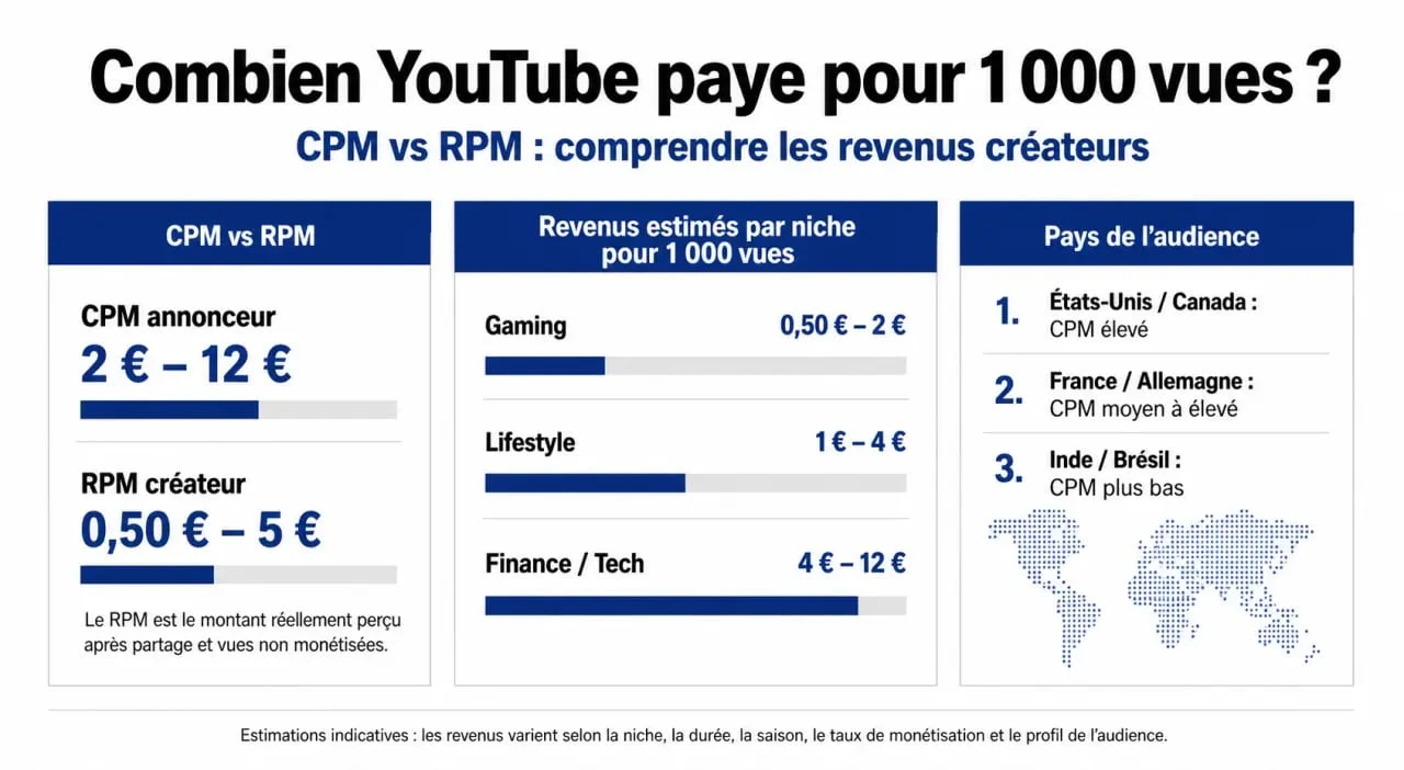 Combien paye YouTube pour 1000 vue : infographie sur CPM, RPM et revenus selon niche et pays