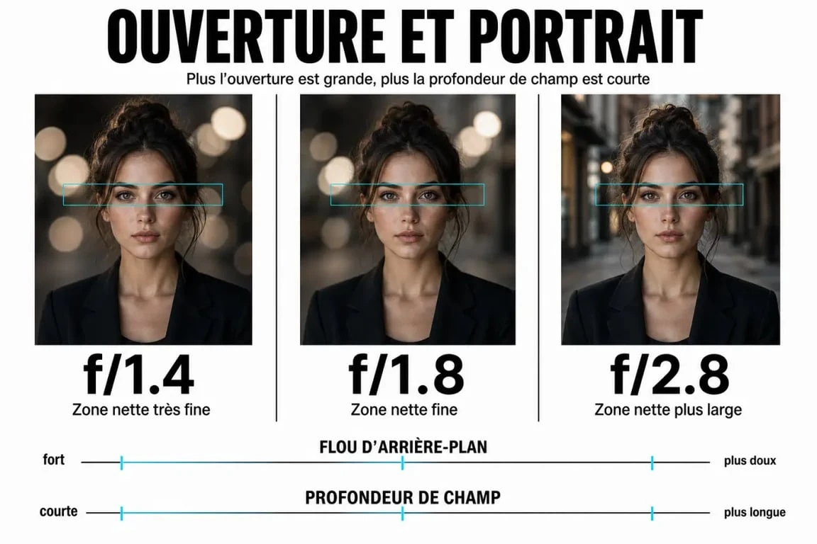 Quel objectif pour portrait : impact de l'ouverture f/1.4, f/1.8 et f/2.8 sur le bokeh et la profondeur de champ