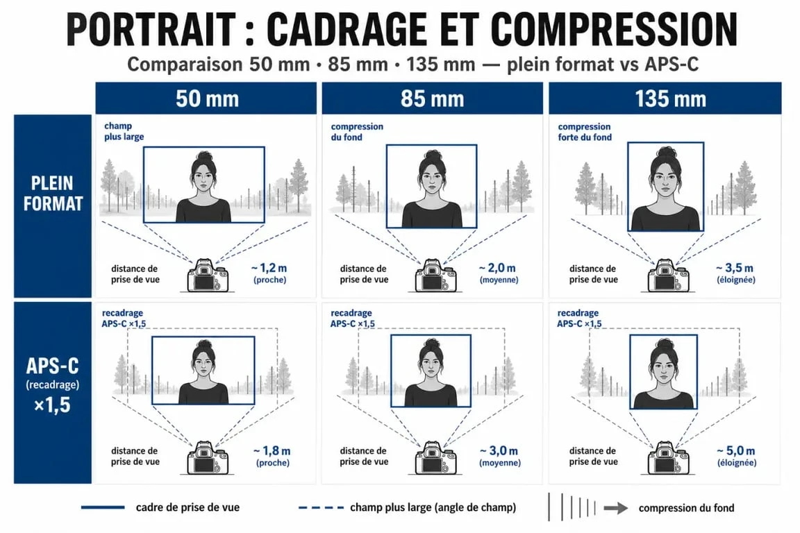 Quel objectif pour portrait : comparaison visuelle des focales 50 mm, 85 mm et 135 mm selon le capteur