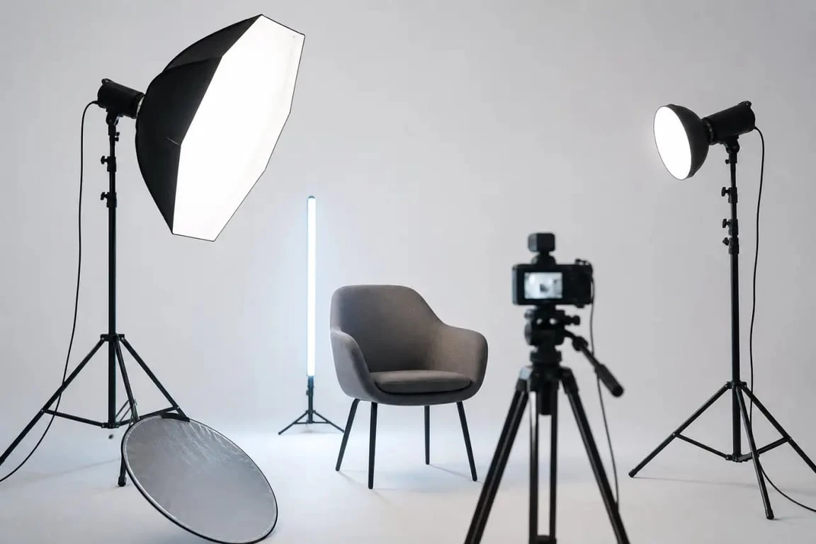 Éclairage led pour tournage vidéo sur un plateau d’interview professionnel avec key light, fill light et contre-jour