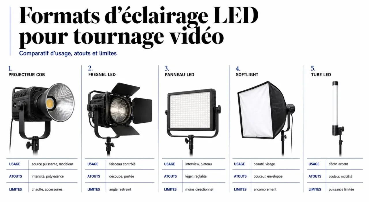 Éclairage led pour tournage vidéo : comparaison visuelle des formats COB, Fresnel, panneau, softlight et tube LED