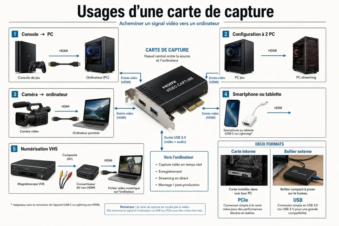 Carte de capture : schéma éditorial des usages console, caméra, smartphone et VHS