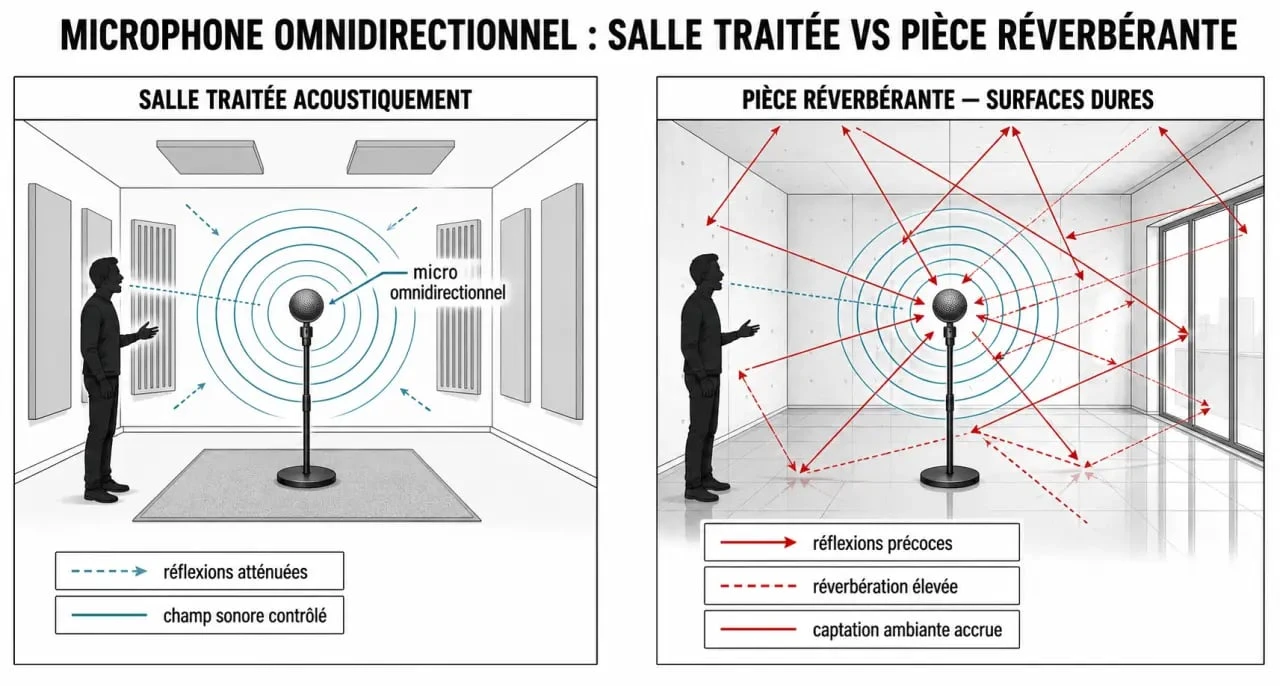 Microphone omnidirectionnel en situation : placement dans une pièce traitée et dans une pièce réverbérante