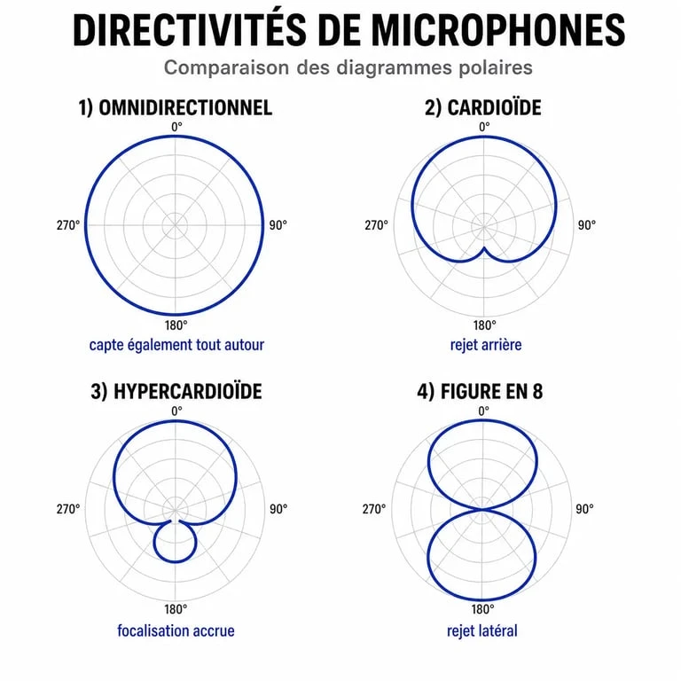 Microphone omnidirectionnel : comparaison des diagrammes polaires avec cardioïde, hypercardioïde et figure en 8