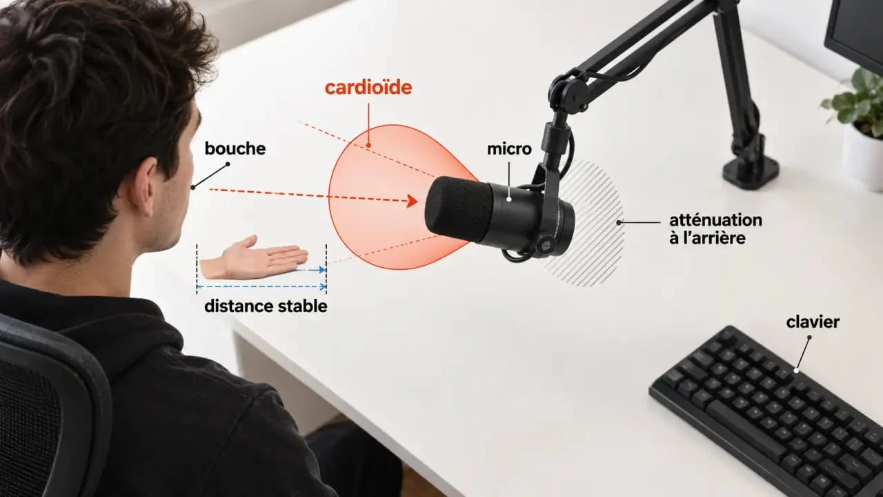 Placement et directivité d’un microphone gamer cardioïde sur un bureau