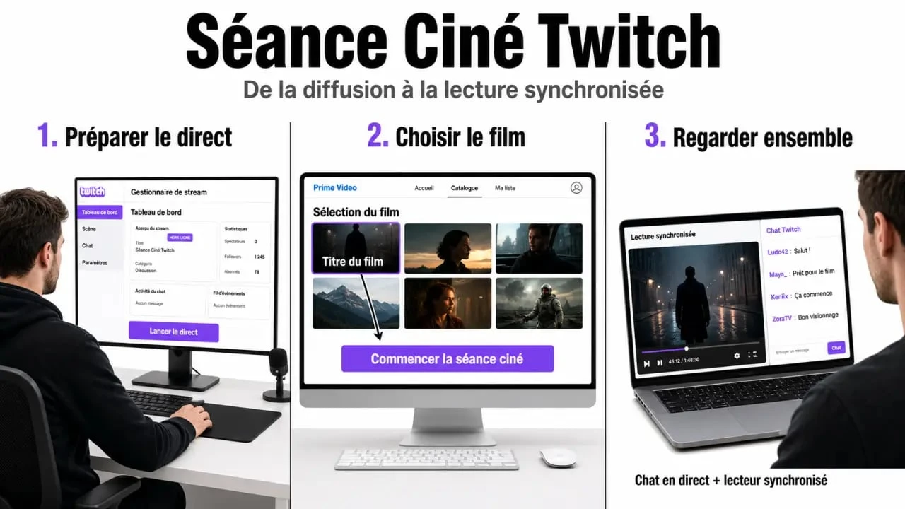activé série de visionnage Twitch : processus d’activation entre le tableau de bord streamer, Prime Video lié et l’écran viewer sur ordinateur
