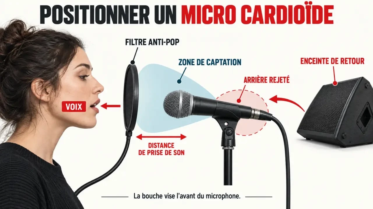 Schéma de placement d’un microphone filaire cardioïde pour limiter le larsen