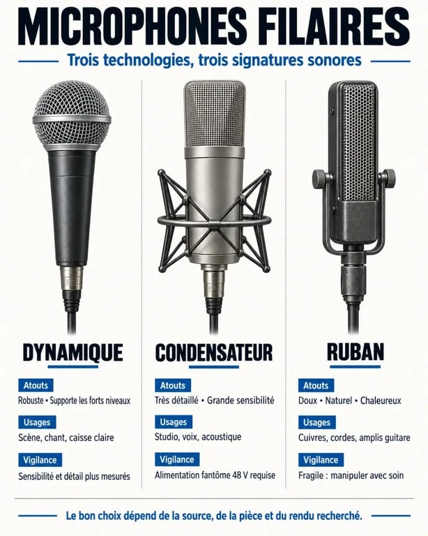 Microphone filaire dynamique, à condensateur et à ruban comparés selon leurs usages