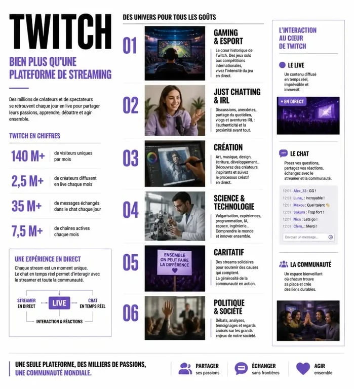 Infographie Twitch ty : catégories de contenus et interaction avec les communautés en direct