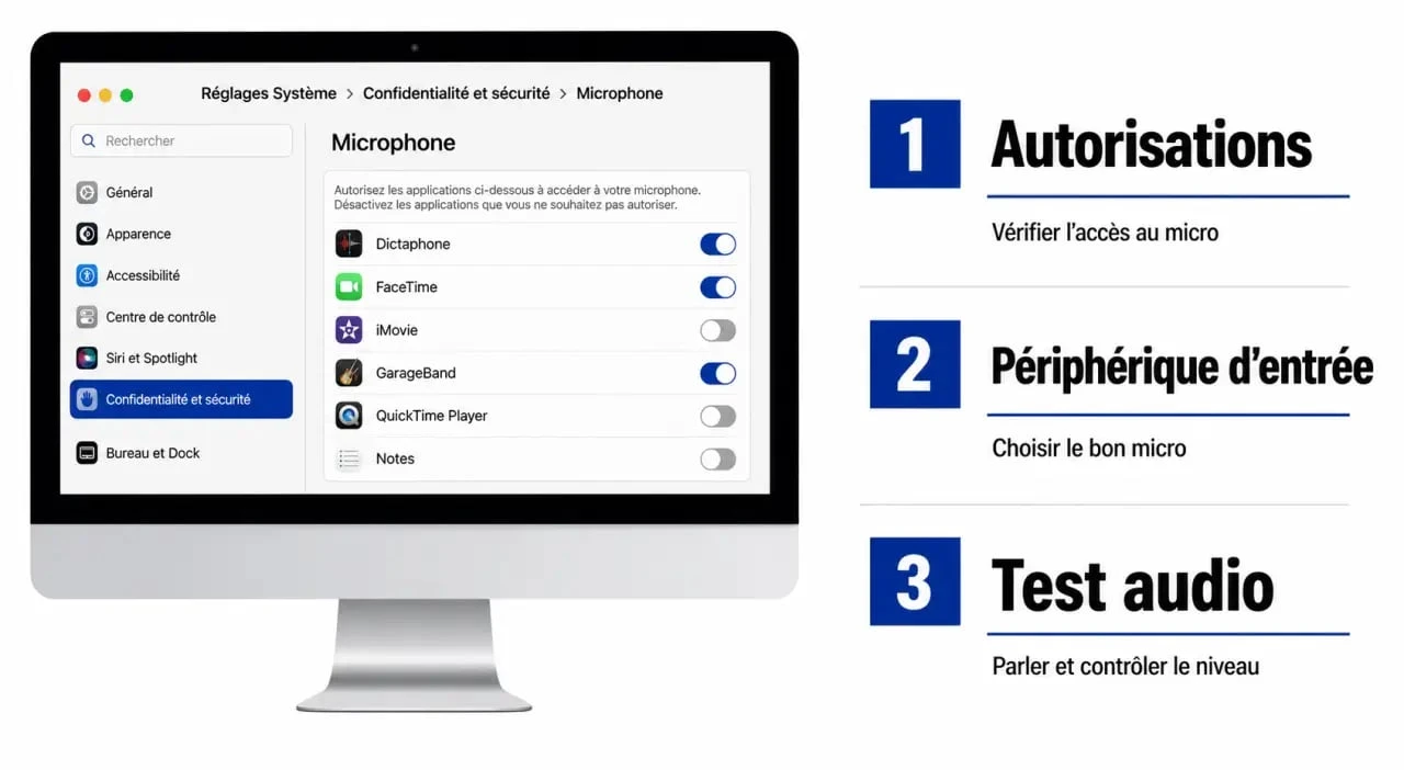 Microphone Mac : chemin des réglages macOS et ordre de dépannage