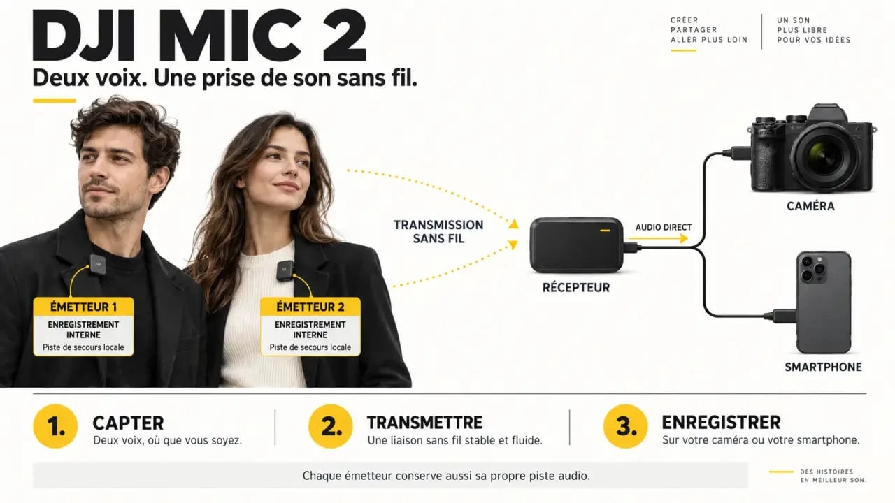 Schéma du fonctionnement du DJI Mic 2 avec émetteurs, récepteur et caméra