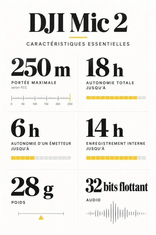 Caractéristiques techniques du DJI Mic 2 : portée, autonomie et enregistrement interne