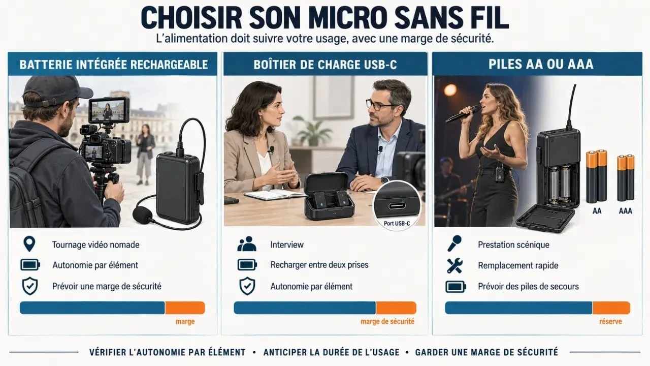 Infographie sur le microphone sans fil : batterie intégrée, recharge USB-C et piles selon l’usage