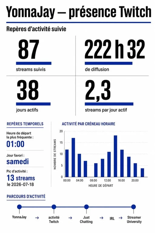 Yonna Twitch : infographie éditoriale des statistiques et repères de la chaîne YonnaJay sur Twitch