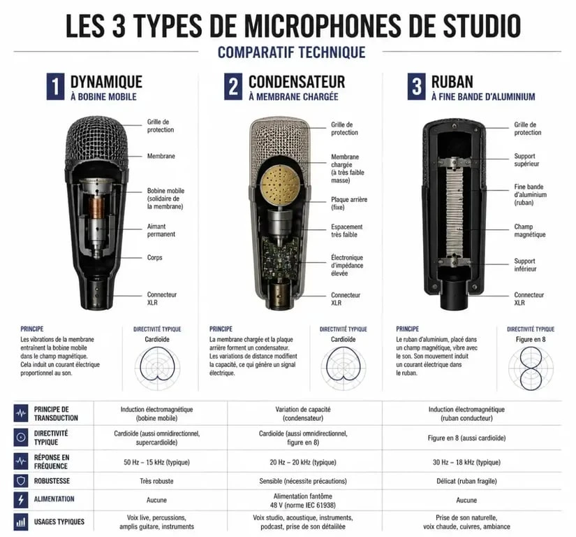 Comparaison des technologies de microphone studio : dynamique, condensateur et ruban