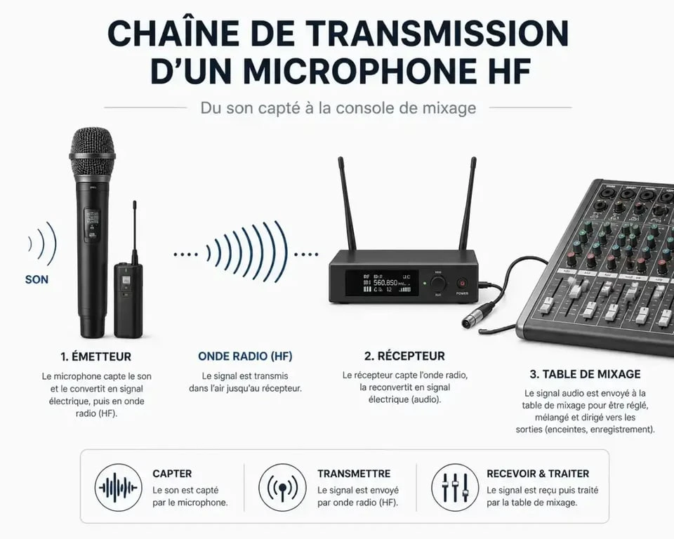 Schéma de fonctionnement d'un système de microphone HF professionnel