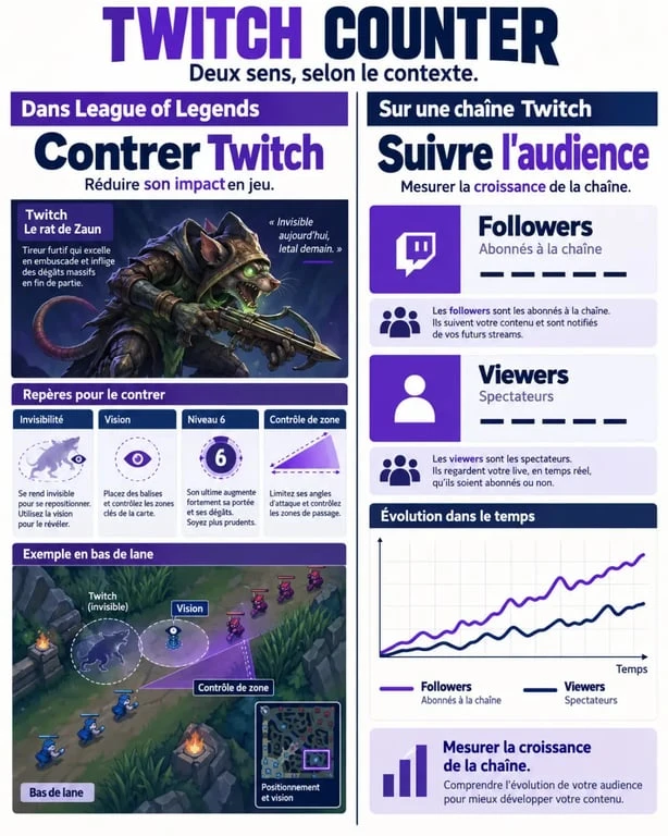 Twitch counter : infographie distinguant le counter de Twitch dans League of Legends du compteur de followers Twitch