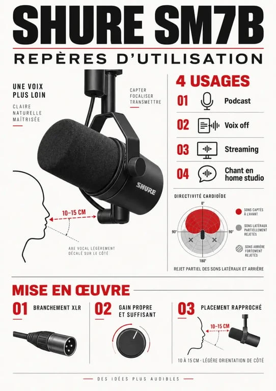 Infographie Shure microphone SM7B avec usages, placement rapproché et branchement XLR