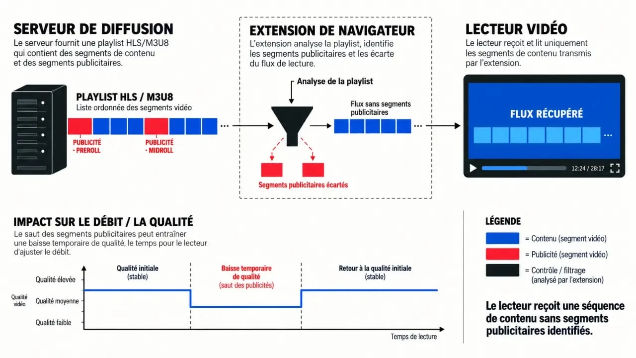 Schéma du fonctionnement d’un Twitch adblock sur les flux HLS et M3U8