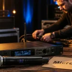 Microphone hf sans fil et récepteur rack 1U, antennes visibles