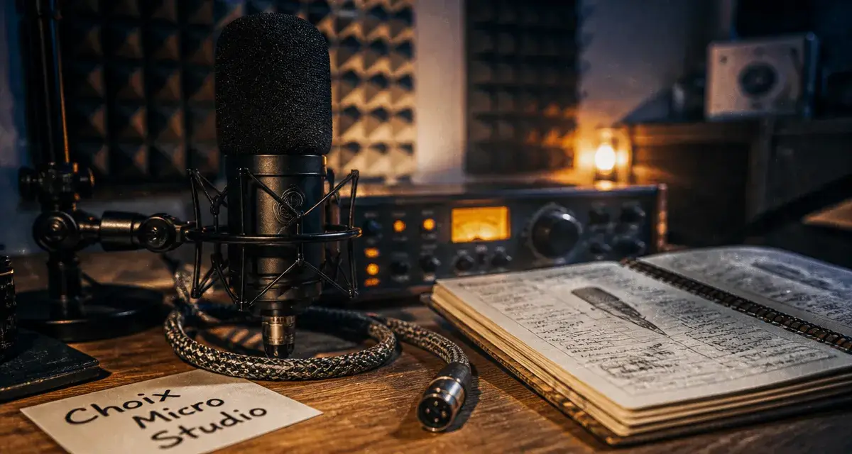 Microphone studio en home studio : condensateur et filtre anti-pop sur table