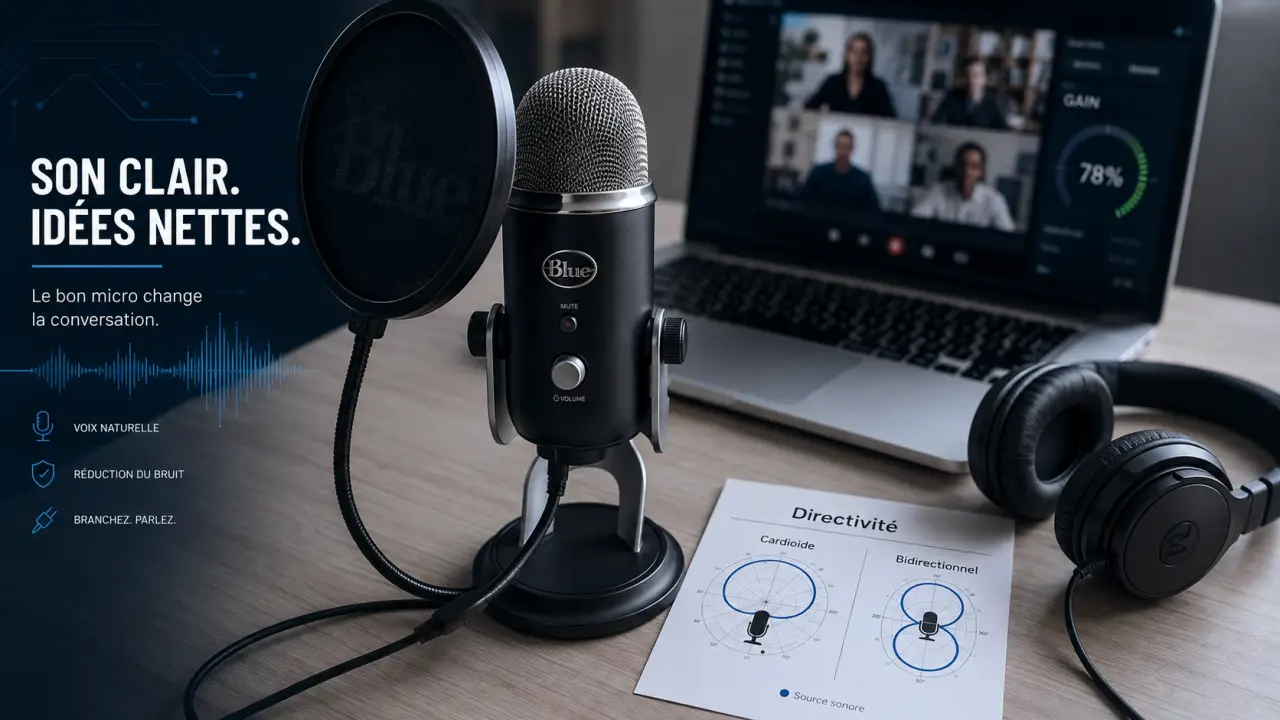 Microphone Yeti Blue sur bureau, 4 directivités pour podcast et interviews