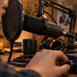 Shure microphone SM7B en home studio, bonnette et anti-pop visibles