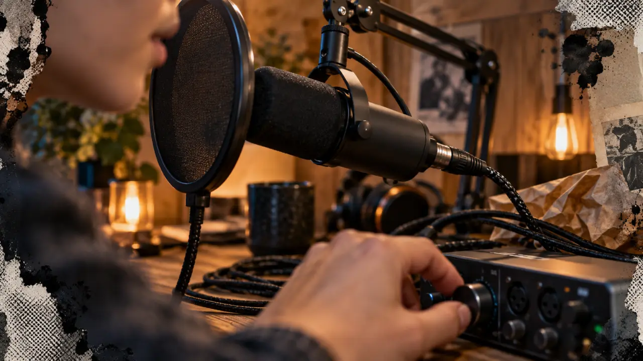 Shure microphone SM7B en home studio, bonnette et anti-pop visibles